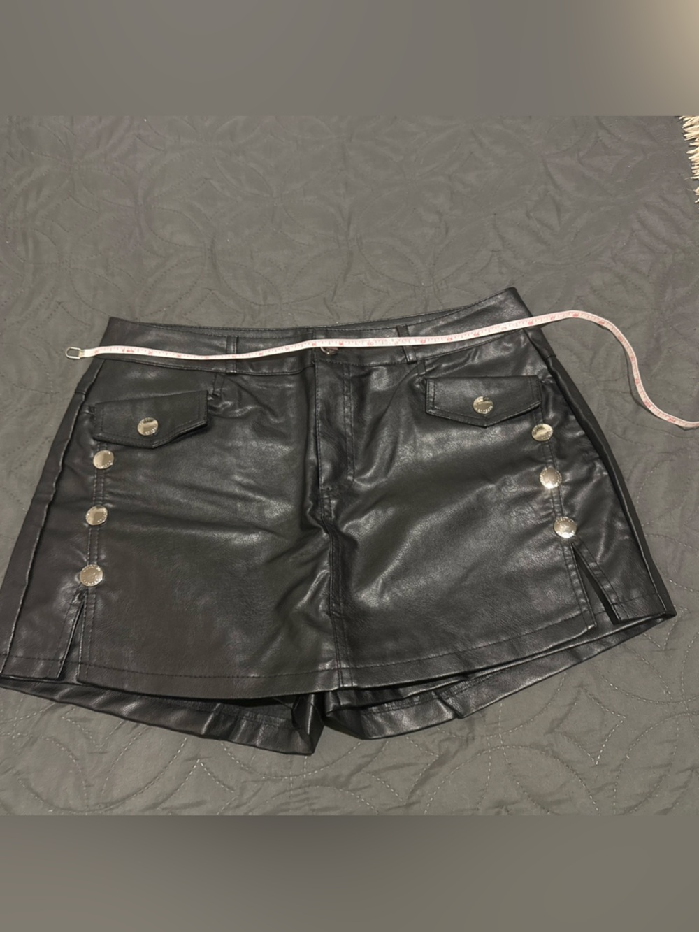 High-Waist Black Faux Leather Women's Shorts with Button Accents